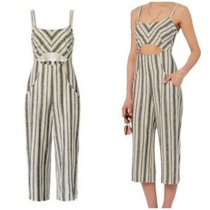 New Intermix Christy Cut Out Stripped Culotte Jumpsuit Linen Grey White Size S